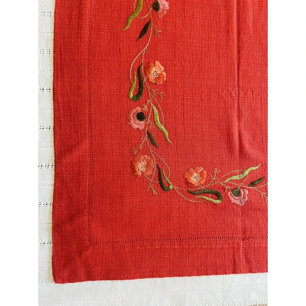 VTG April Cornell Square Cotton Tablecloth. 51x52. Burnt Red W/Floral Embroidery
